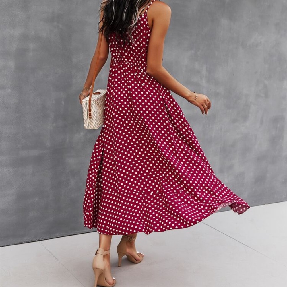 Boho Button Up V Neck Tie Polka Dot Dress BURGUNDY - Picture 5 of 10